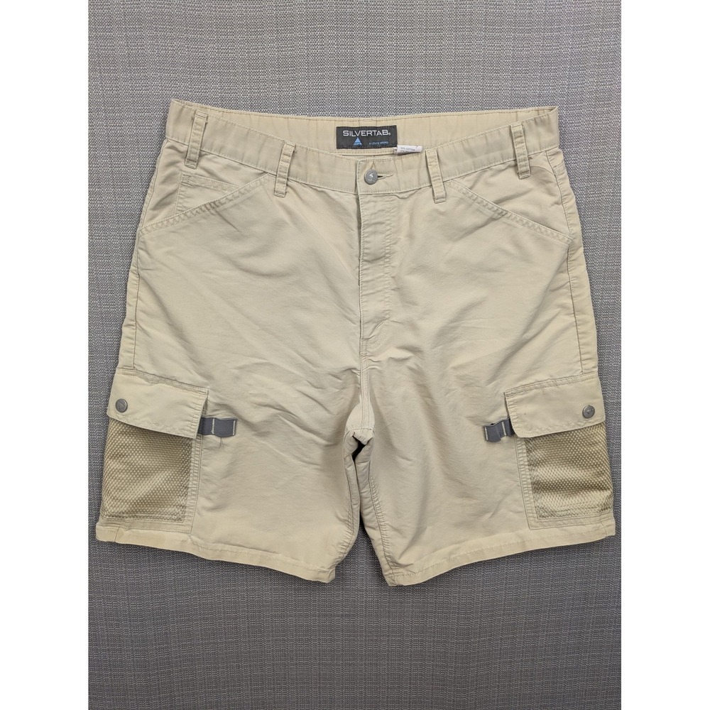 SilverTab Cargo Shorts Mens 36 Beige Canvas Mesh Pockets 10 Inseam Outdoor